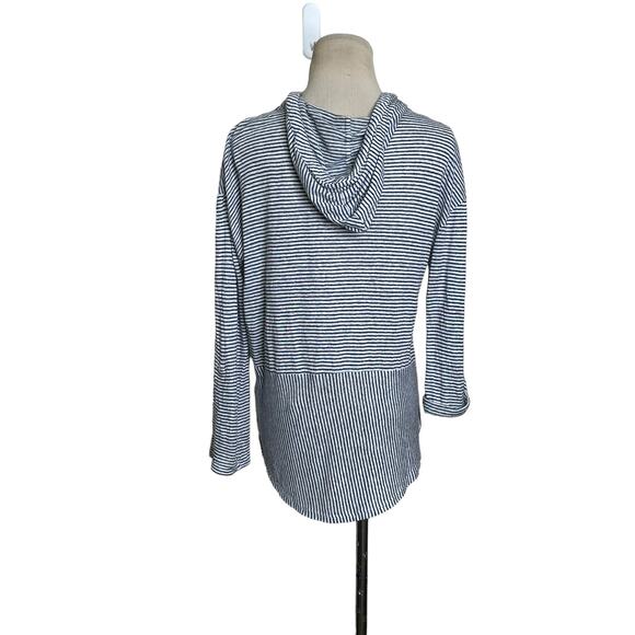 C&C blue white linen striped 3/4 sleeves lightweight hoodie size Small - Picture 2 of 13